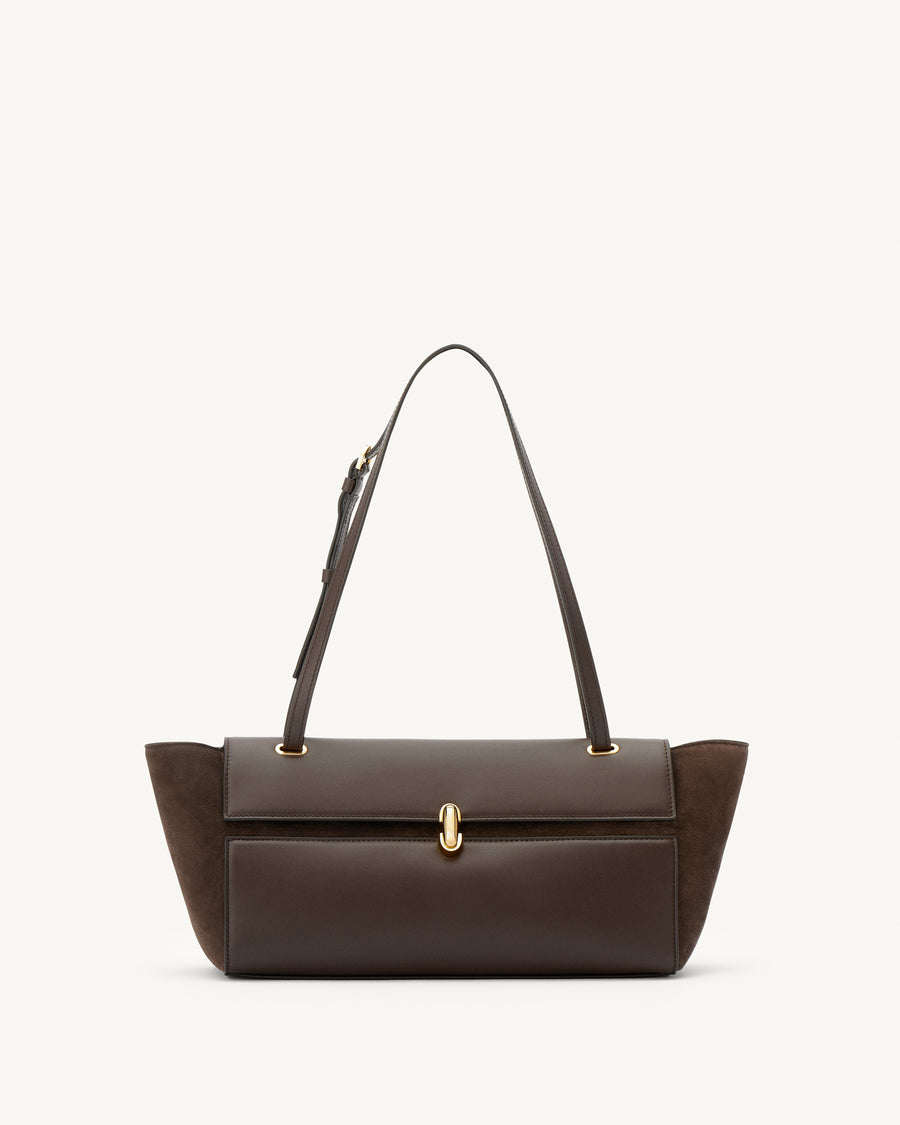 front view of a coffee brown smooth and suede leather shoulder bag with a gold clasp on a white background