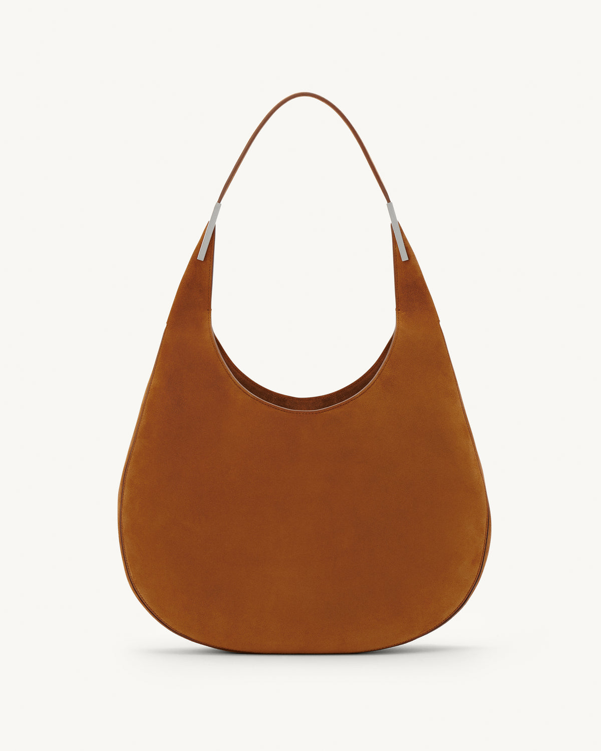front view of a cognac brown suede shoulder bag with silver hardware 