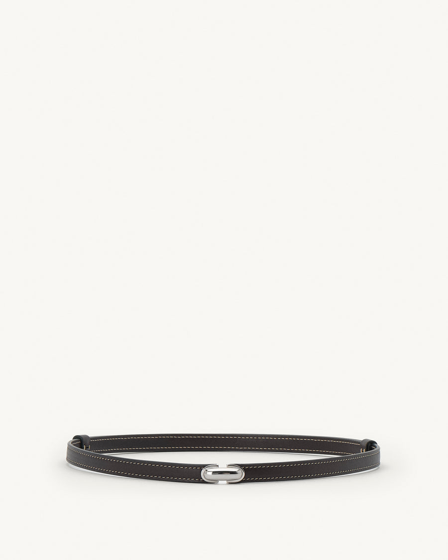 front view of a currant brown belt with silver clasp on a white background