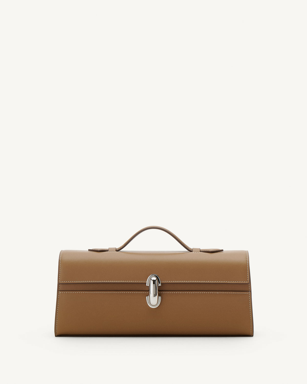 Front view of Saddle leather handbag with a silver clasp on a white background