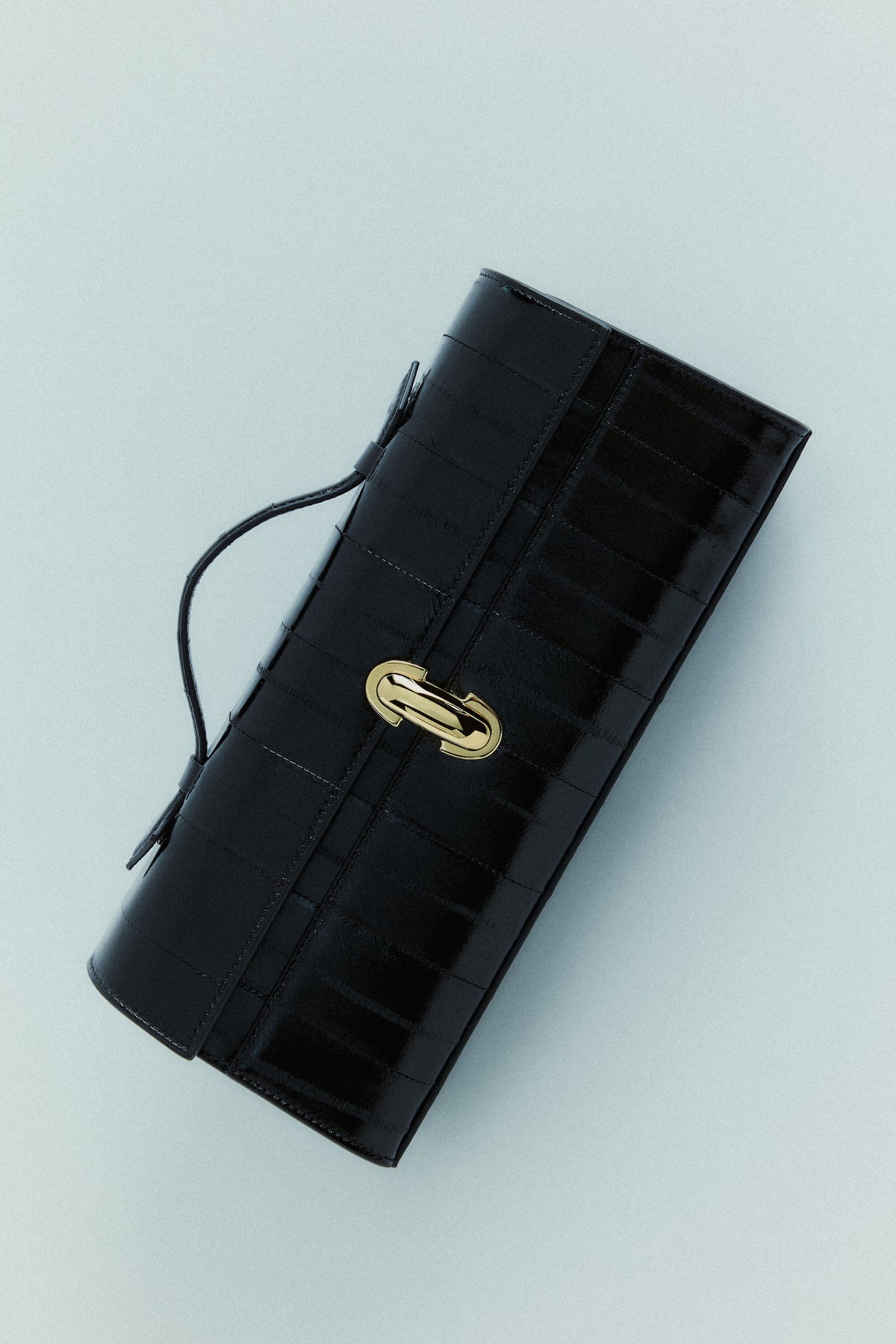 campaign image of a black eel bag with a gold clasp on an off white background