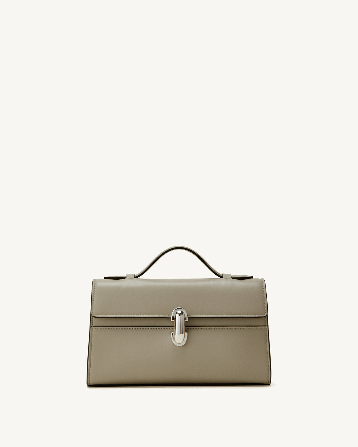 front view of a clay beige bag with a silver clasp on a white background