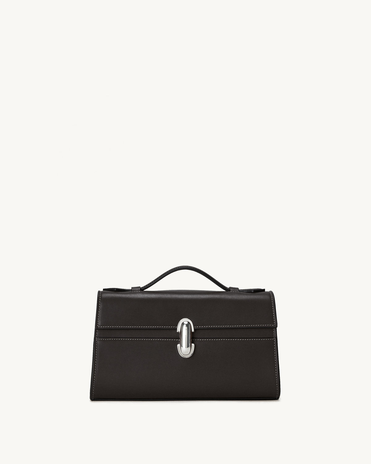 front view of a currant brown bag with silver clasp on a white background