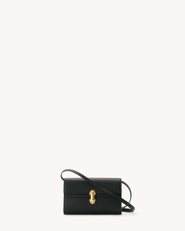 front view of black bag with gold clasp on a white background