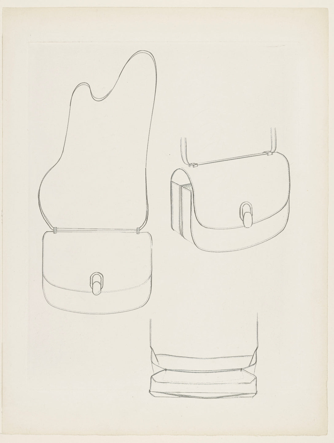 sketches of front, side, and interior views of bag with crossbody strap and metal clasp